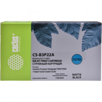 Струйный картридж CACTUS CS-B3P22A (HP 727) для HP DesignJet T920 ePrinter (CR354A), T930, T1500 ePrinter (CR356A), T1500 PostScript (CR357A), T1530, T2500 eMFP (CR358A), T2530, увеличенной емкости, черный матовый, 130 мл Струйный картридж CACTUS CS-B3P22A (HP 727) для HP DesignJet T920 ePrinter (CR354A), T930, T1500 ePrinter (CR356A), T1500 PostScript (CR357A), T1530, T2500 eMFP (CR358A), T2530, увеличенной емкости, черный матовый, 130 мл