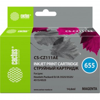 Струйный картридж CACTUS CS-CZ111AE (HP 655) для HP DeskJet Ink Advantage 3525, Ink Advantage 4615, Ink Advantage 4625, Ink Advantage 5520 series, Ink Advantage 5525, Ink Advantage 6525, пурпурный, 14,6 мл Струйный картридж CACTUS CS-CZ111AE (HP 655) для HP DeskJet Ink Advantage 3525, Ink Advantage 4615, Ink Advantage 4625, Ink Advantage 5520 series, Ink Advantage 5525, Ink Advantage 6525, пурпурный, 14,6 мл