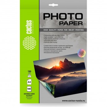 Фотобумага CACTUS CS-GA4130100DS A4 130г/м2 белая глянцевая для струйной печати 100л Фотобумага CACTUS CS-GA4130100DS A4 130г/м2 белая глянцевая для струйной печати 100л