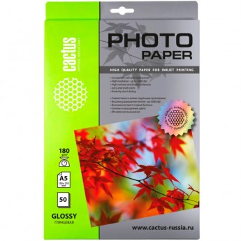 Фотобумага CACTUS CS-GA518050, формат A5, 180г/м2, белая Фотобумага CACTUS CS-GA518050, формат A5, 180г/м2, белая