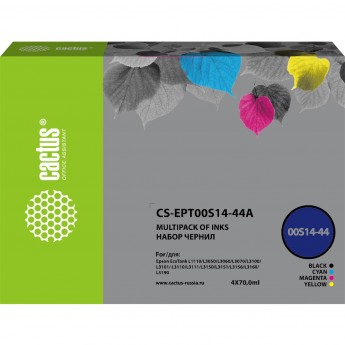 Набор чернил CACTUS CS-EPT00S14-44A для Epson L1110 Ecotank, L3100, L3101, L3110, L3150, L3151, черный/голубой/пурпурный/желтый, 4x70 мл Набор чернил CACTUS CS-EPT00S14-44A для Epson L1110 Ecotank, L3100, L3101, L3110, L3150, L3151, черный/голубой/пурпурный/желтый, 4x70 мл