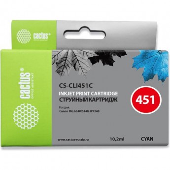 Струйный картридж CACTUS CS-CLI451C (CLI-451C) для Canon Pixma iP6840, iP7240, iP8740, iX6840, MG5440, MG5540, MG5640, MG6340, MG6440, MG6640, MG7140, MG7540, MX724, MX924, голубой, 10,2 мл Струйный картридж CACTUS CS-CLI451C (CLI-451C) для Canon Pixma iP6840, iP7240, iP8740, iX6840, MG5440, MG5540, MG5640, MG6340, MG6440, MG6640, MG7140, MG7540, MX724, MX924, голубой, 10,2 мл