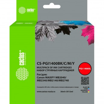 Струйный картридж CACTUS CS-PGI1400BK/C/M/Y для Canon MB2050, MB2350, MB2040, MB2340, набор 4 цвета Струйный картридж CACTUS CS-PGI1400BK/C/M/Y для Canon MB2050, MB2350, MB2040, MB2340, набор 4 цвета