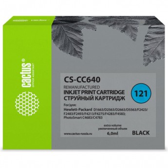 Струйный картридж CACTUS CS-CC640 (HP 121) для HP DeskJet D1663, D2500, D2563, D2663, D5563, F2423, F2483, F2493, F4213, F4275, F4280, F4283, F4583; ENVY 110; PhotoSmart C4683, C4783, черный, 6 мл Струйный картридж CACTUS CS-CC640 (HP 121) для HP DeskJet D1663, D2500, D2563, D2663, D5563, F2423, F2483, F2493, F4213, F4275, F4280, F4283, F4583; ENVY 110; PhotoSmart C4683, C4783, черный, 6 мл