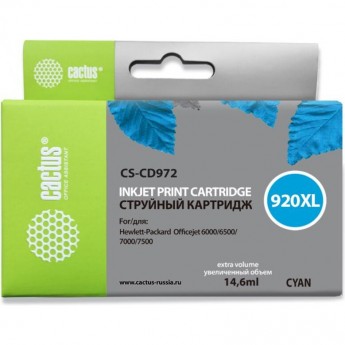 Струйный картридж CACTUS CS-CD972 (HP 920XL) для HP OfficeJet 6000 Pro, 6500, 6500a, 7000, 7500, 7500a (e910a), увеличенной емкости, голубой, 14,6 мл Струйный картридж CACTUS CS-CD972 (HP 920XL) для HP OfficeJet 6000 Pro, 6500, 6500a, 7000, 7500, 7500a (e910a), увеличенной емкости, голубой, 14,6 мл