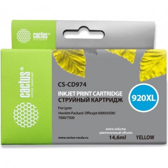 Струйный картридж CACTUS CS-CD974 (HP 920XL) для HP OfficeJet 6000 Pro, 6500, 6500a, 7000, 7500, 7500a (e910a), увеличенной емкости, желтый, 14,6 мл Струйный картридж CACTUS CS-CD974 (HP 920XL) для HP OfficeJet 6000 Pro, 6500, 6500a, 7000, 7500, 7500a (e910a), увеличенной емкости, желтый, 14,6 мл