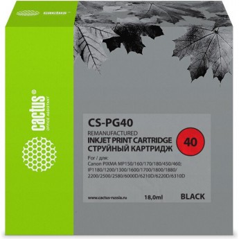 Струйный картридж CACTUS CS-PG40 (PG-40) для Canon Pixma MP150, MP160, MP170, MP180, MP210, MP220, MP450, MP460, MP470, iP1200, iP1300, iP1600, iP1700, iP1800, iP1900, черный, 18 мл Струйный картридж CACTUS CS-PG40 (PG-40) для Canon Pixma MP150, MP160, MP170, MP180, MP210, MP220, MP450, MP460, MP470, iP1200, iP1300, iP1600, iP1700, iP1800, iP1900, черный, 18 мл